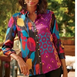 Soft Surroundings Champlain Silk Top Womens XS Purple Potion Colorful Oversized
